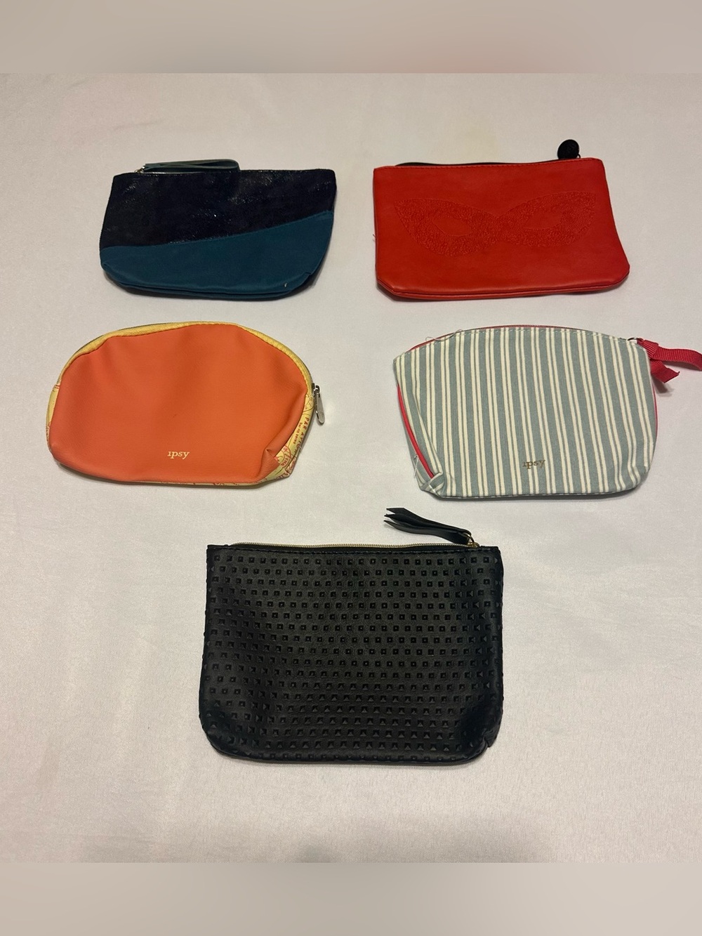 5 Assorted Ipsy Women's Cosmetic Pouches - Orange, Red, Blue, Black, Striped